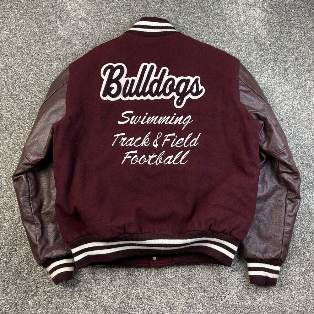Vintage Ferris State Bulldogs Varsity Jacket Mens Large Long Burgundy‎ Red FSU